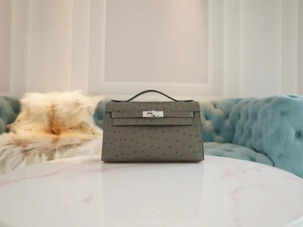 9e79f9de67e6a58-1 Hermes Shop Kelly Pochette 22cm Ostrich M8 Gris Asphalt Silver Hardware