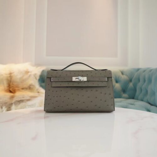 Hermes Shop Kelly Pochette 22cm Ostrich M8 Gris Asphalt Silver Hardware