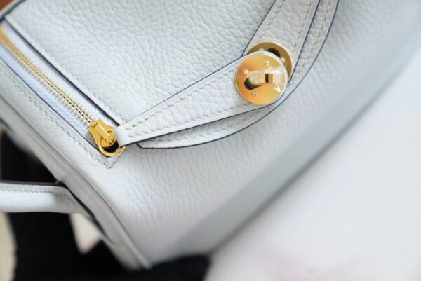 9f10ee21a174031 Hand Stitch Hermes Mini Lindy19CM 08 Blue Brume Clemence Leather Gold Hardware