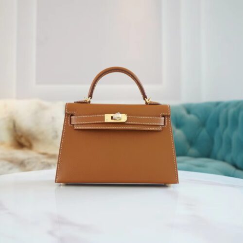 Full Handmade Hermes Mini Kelly19CM CK37 Gold Epsom Leather Gold Hardware