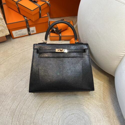 Qatar Doha Hermes Kelly Sellier 25CM Lizard Leather 89 Noir Rose Gold Hardware