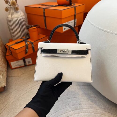 Hermes Shop Mini Kelly 19CM Epsom White & Black Silver Hardware