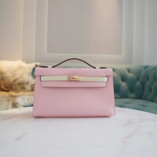 God Factory Bags Hermes Kelly Pochette22cm 3Q Rose Sakura/CK10 Craie Swift Leather Rose Gold Hardware