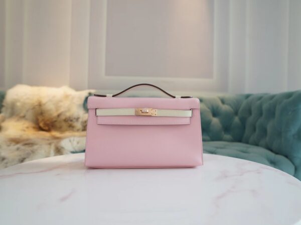a0dab91b1aa49cc God Factory Bags Hermes Kelly Pochette22cm 3Q Rose Sakura/CK10 Craie Swift Leather Rose Gold Hardware