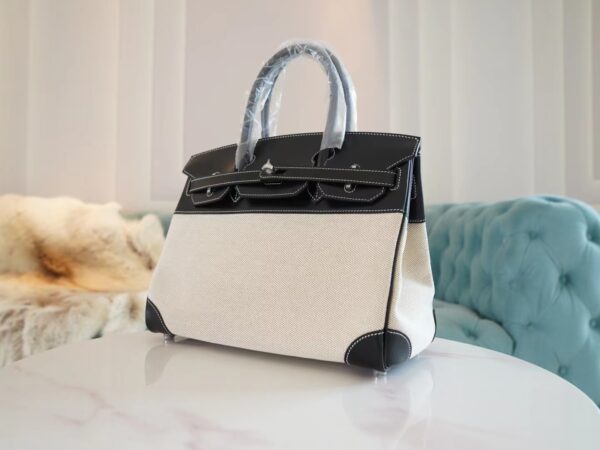 a2437d48ae6c48f-1 Discount God Factory Bags Hermes 89 Noir Box Leather & Canvas Birkin Bag30CM Silver Hardware