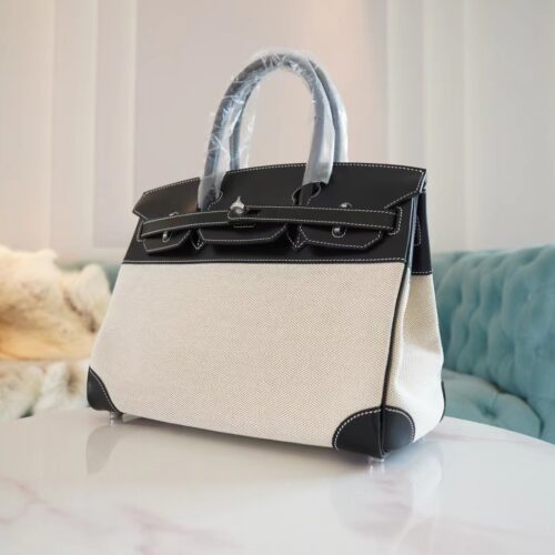 Discount God Factory Bags Hermes 89 Noir Box Leather & Canvas Birkin Bag30CM Silver Hardware