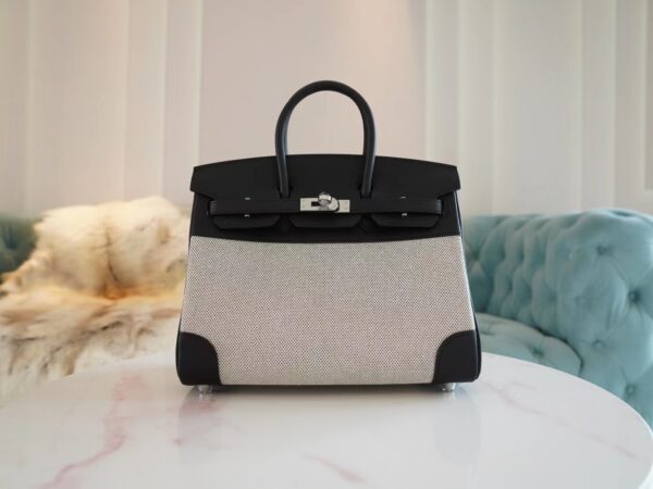 a2a288049bc1e9e-1 Qatar Doha Hermes Birkin 25CM Toile Canvas White & Black Silver Hardware