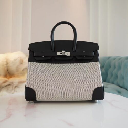 Qatar Doha Hermes Birkin 25CM Toile Canvas White & Black Silver Hardware