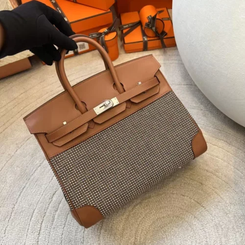 New Hermes Birkin 25CM 37 Gold Swift Leather/ Toile Canvas Gold Hardware