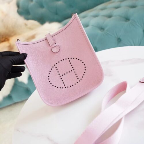 Hermes Handmade Boutique X9 Mauve Sylyestre Clemence Leather Mini Evelyne Silver Hardware