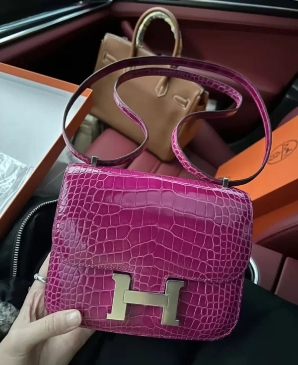Hermes Bag Special Order J5 Rose Scheherazade Shiny Alligator Crocodile Leather