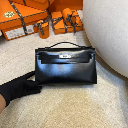 Hermes Box Leather Kelly Pochette 22cm 89 Noir Silver Hardware