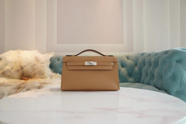 af3eb9d40c01307-1 Full Handmade Hermes Kelly Pochette 22cm 0M Chai Swift Leather Silver Hardware