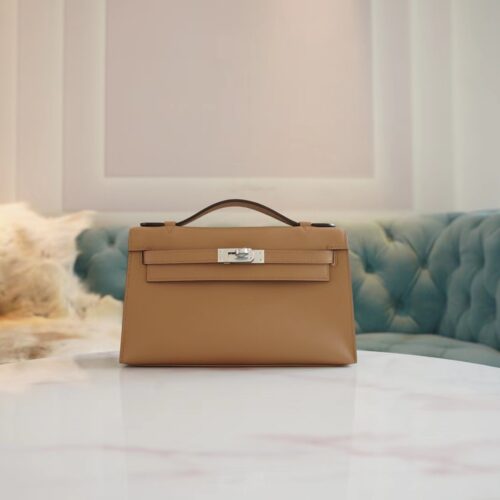 Full Handmade Hermes Kelly Pochette 22cm 0M Chai Swift Leather Silver Hardware