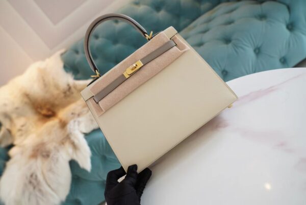 afd8059b76d7d84 Hand Stitch Hermes Craie/Gris Asphalt Epsom Leather Kelly 25CM Tote Bag Gold Hardware