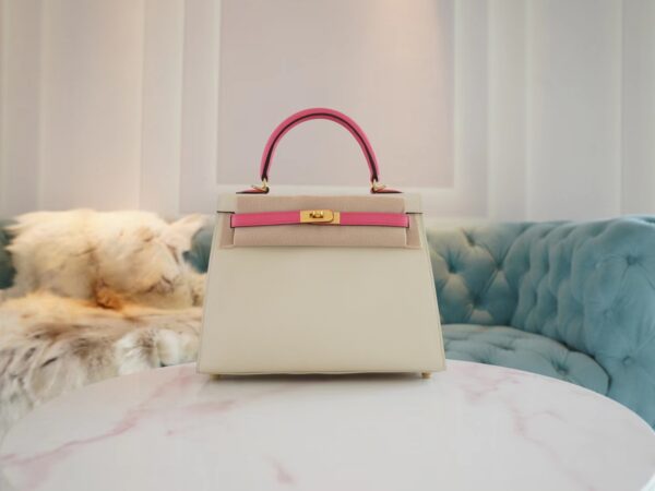 b1cb2f2df5e6074-1 Handmade Hermes Kelly Sellier 25CM Epsom CK10 Craie/ 8W Rose Azalee Brush Gold Hardware