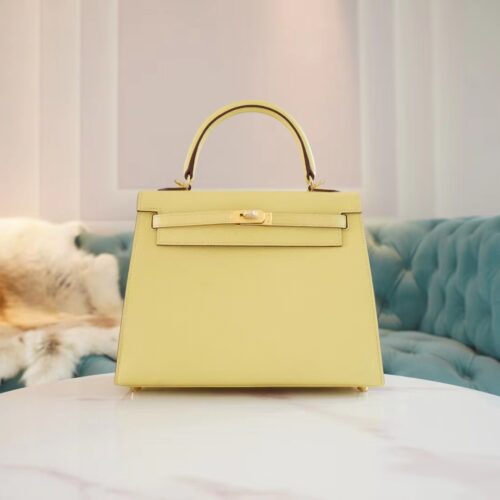 Hand Stitch Hermes Kelly Bag25CM 1Z Joune Poussin Epsom Leather Gold Hardware