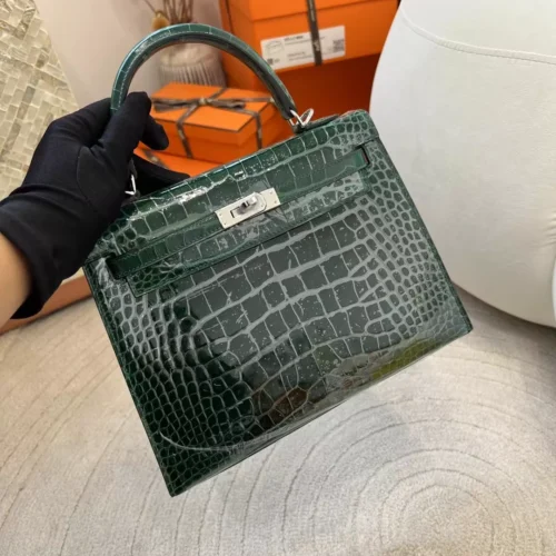 Full Handmade Hermes 67 Vert Fonce Kelly 25CM Sellier Shiny Alligator Crocodile Silver Hardware