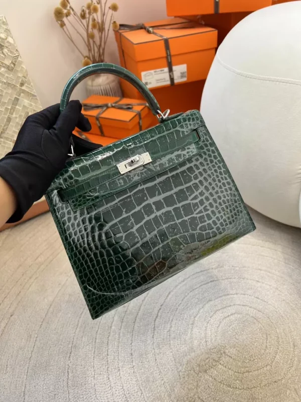 b40ba7648b7cb37-jpg Full Handmade Hermes 67 Vert Fonce Kelly 25CM Sellier Shiny Alligator Crocodile Silver Hardware
