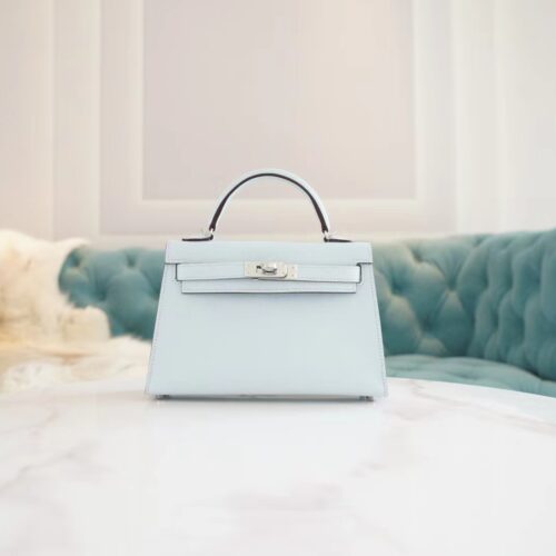 Hermes Handmade Boutique T0 Blue Brume Epsom Leather Mini Kelly19CM Silver Hardware