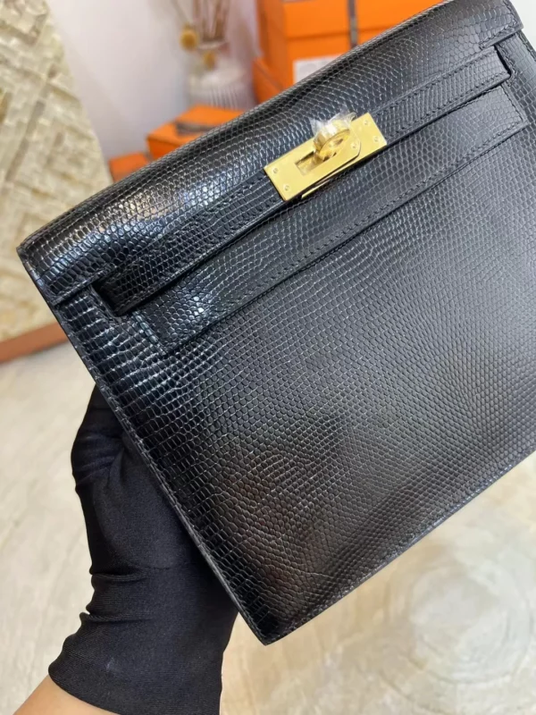 b81fbcb78683d2b-jpg New Arrival Lizard Leather Kelly Danse 22CM 89 Noir Gold Hardware