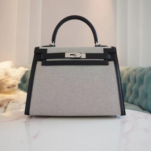 Full Handmade Hermes Canvas/ Swift Kelly Sellier 28CM CK89 Nior Silver Hardware