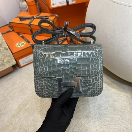 Hong Kong Hermes Constance 19CM 81 Gris Tourterelle Shiny Alligator Crocodile Silver Hardware