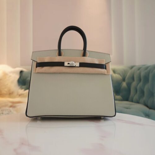 God Factory Bags Factory Hermes C80 Gris Pearl/CK89 Black Chevre Leather Birkin25CM Silver Hardware