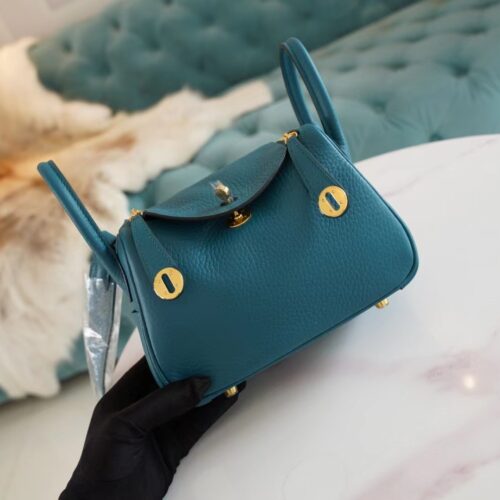 Full Handmade Hermes W0 Bosphore Clemence Leather Mini Lindy19CM Gold Hardware
