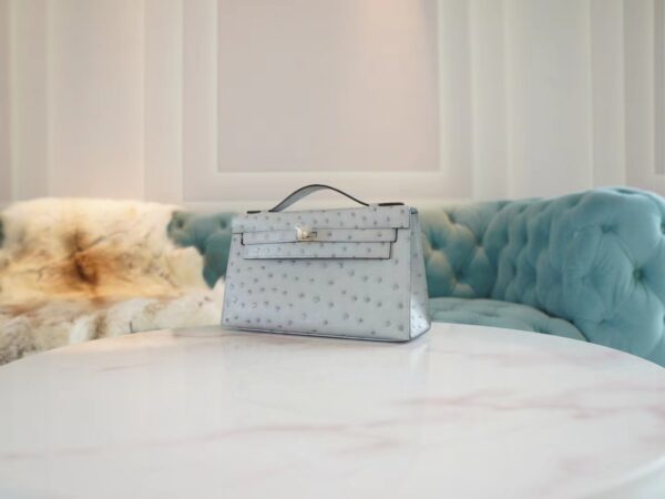 c8a30c863b19860 New Arrival Hermes Kelly Pochette22cm 8U Blue Glacier KK Ostrich Leather Gold Hardware