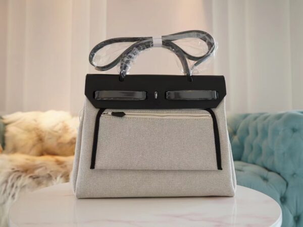 cacbf553117dd86 Handmade Hermes CK89 Nior Barenia/ Beige Canvas Herbag 31CM Silver Hardware