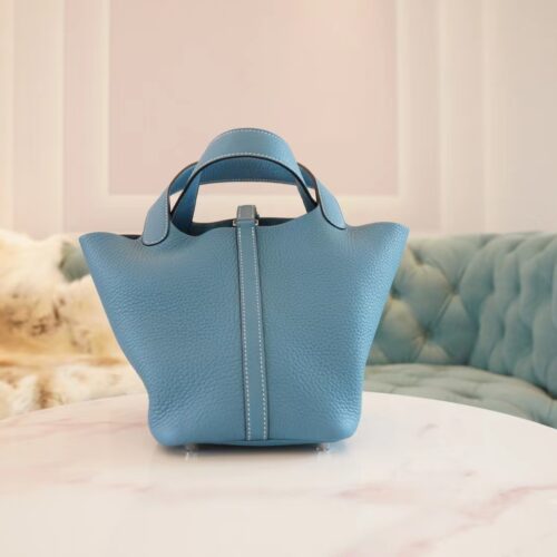 God Factory Bags Factory Hermes 75 Blue Jean Clemence Leather Picotin18CM Silver Hardware