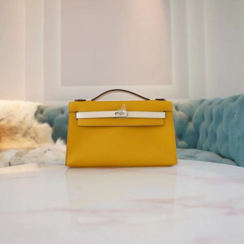 God Factory Bags Hermes 9D Amber & Nata Swift Leather Kelly Pochette22cm Silver Hardware