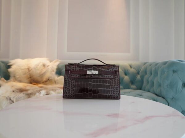 cb332e11339202f-1 Hermes Kelly Pochette 22CM Shiny Alligator 57 Bordeaux Silver Hardware