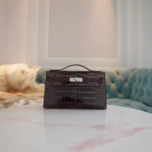 Hermes Kelly Pochette 22CM Shiny Alligator 57 Bordeaux Silver Hardware