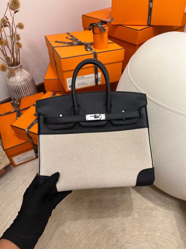 cb628fd10e829f9-1 Hermes Shop Birkin 25CM Beige Canvas/ 89 Noir Leather Silver Hardware