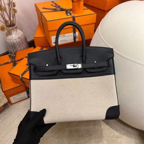 Hermes Shop Birkin 25CM Beige Canvas/ 89 Noir Leather Silver Hardware