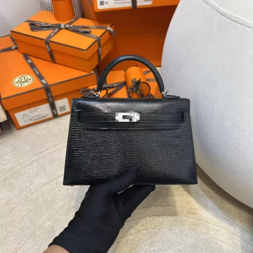 Hong Kong Hermes Lizard Leather Mini Kelly 19CM 89 Noir Silver Hardware