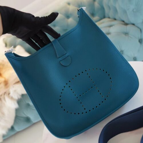Full Handmade Hermes 1P Blue Colvert TC Leather Evelyne 29CM Silver Hardware