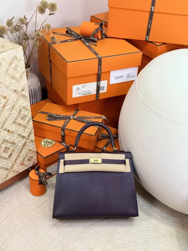 cd78e114f96db7f-jpg USA Los Angeles Kelly Sellier 25CM 59 Raisin Chevre Leather Gold Hardware