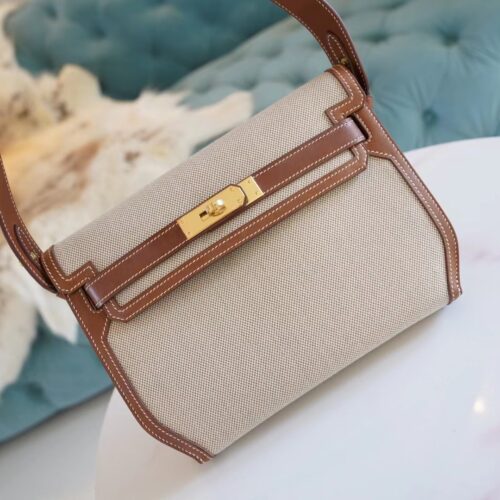 New Arrival God Factory Bags Hermes Depeches25CM Beige Canvas & Barenia Leather Gold Hardware