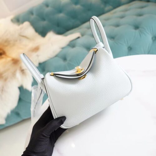 Hand Stitch Hermes Mini Lindy19CM 08 Blue Brume Clemence Leather Gold Hardware