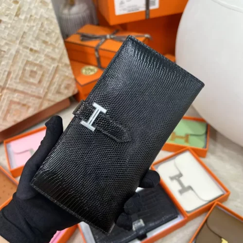 Hermes 89 Noir Lizard Leather Long Bearn Wallet Silver Hardware
