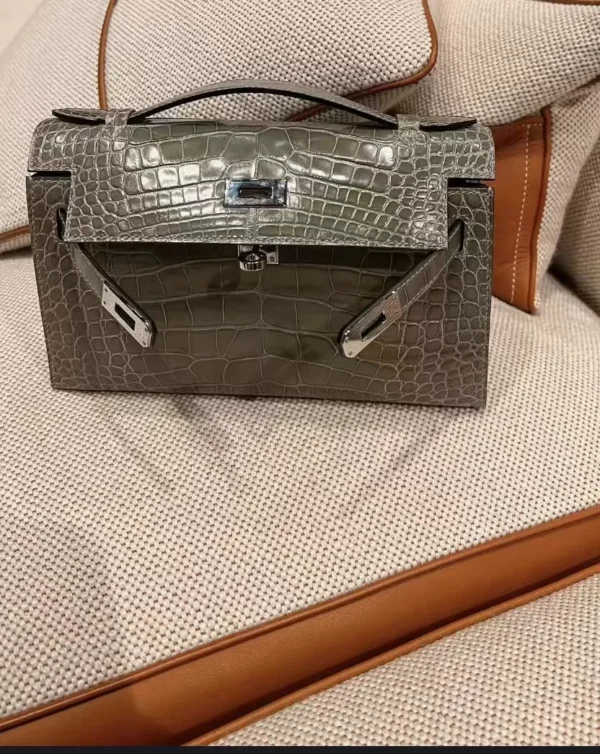 Hermes Shiny Alligator Crocodile Leather CK81 Gris Tourterelle