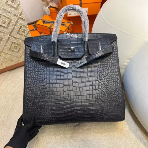 Hermes 89 Noir Matte Porosus Crocodile HAC 40CM Silver Hardware