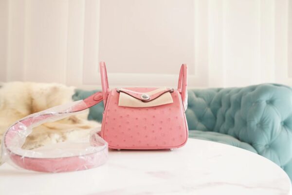 d3134f51a138644-1 Wholesale Hermes Mini Lindy19CM L4 Rose Bubble South Africa KK Ostrich Silver Hardware