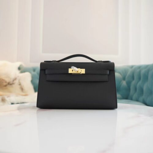 Fashion God Factory Bags Hermes CK89 Black Epsom Leather Kelly Pochette22cm Clutch Bag