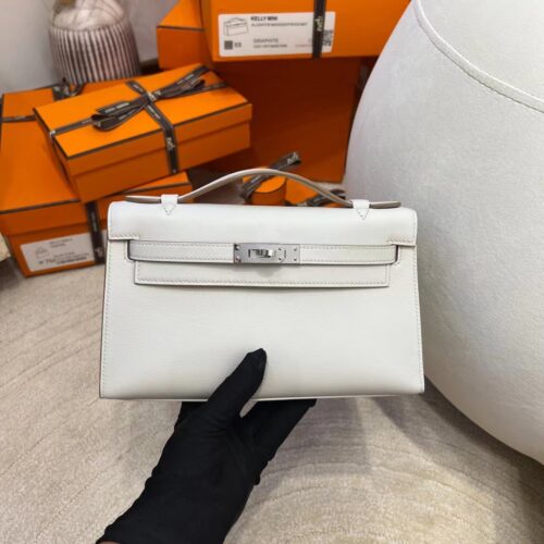 Hermes Factory Kelly Pochette 22cm Swift Leather 80 Gris Pearl Silver Hardware