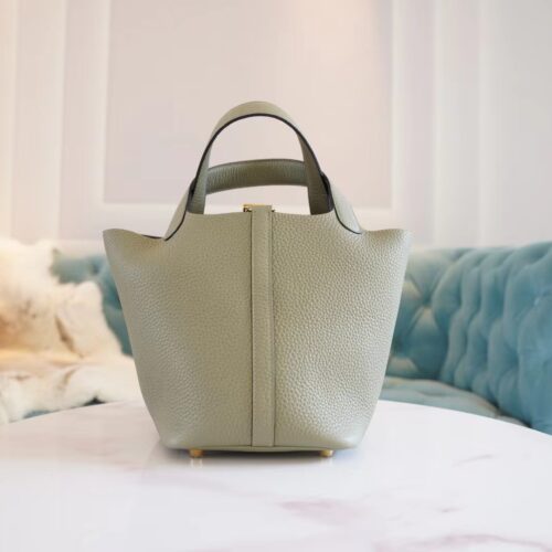 Hermes Handmade Boutique Q1 Sauge Clemence Leather Picotin18CM Gold Hardware