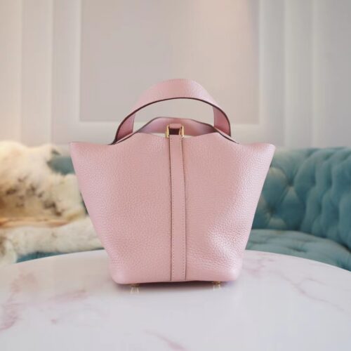 God Factory Bags Hermes Rose Sakura Clemence Leather Picotin18CM Women’s Bag Gold Hardware